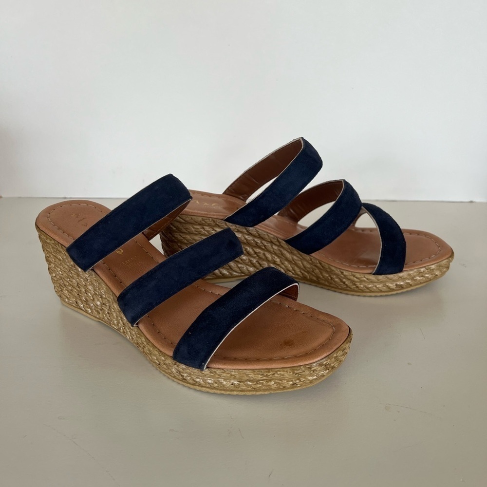 Mariella Made in Italy Leather Navy Blue Triple Band 3” Wedge Slip On Sandals 9M